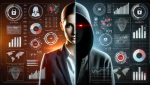 Split portrait of a cybersecurity professional and a hacker, surrounded by dynamic data visuals such as glowing charts, diagrams, and alert signals, representing the balance between security strategy and cyber threats.