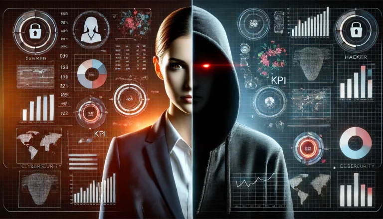 Geteiltes Porträt einer Cybersicherheits-Expertin und eines Hackers, umgeben von dynamischen Datenvisualisierungen wie leuchtenden Diagrammen, Grafiken und Warnsignalen, die das Gleichgewicht zwischen Sicherheitsstrategie und Cyberbedrohungen darstellen.